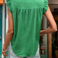 Green Ruffled Notched Cap Sleeve Blouse