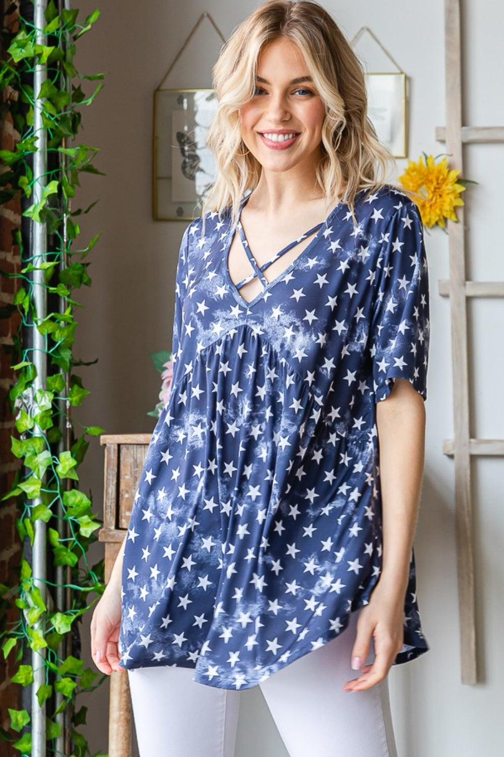Heimish Full Size Short Sleeve Crisscross Star Babydoll Top *