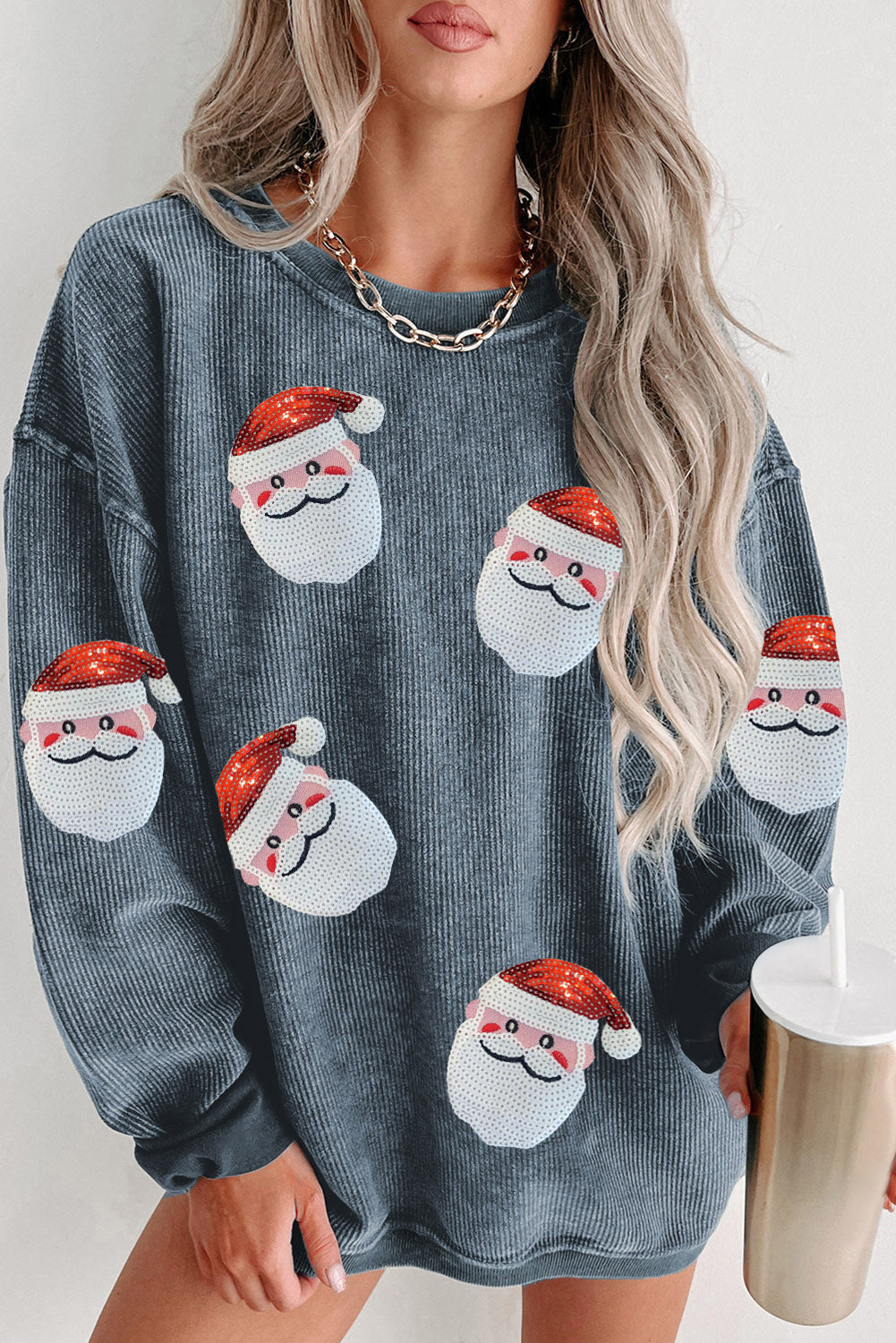 CHRISTMAS Sequin Santa Patch Ribbed Sweatshirt