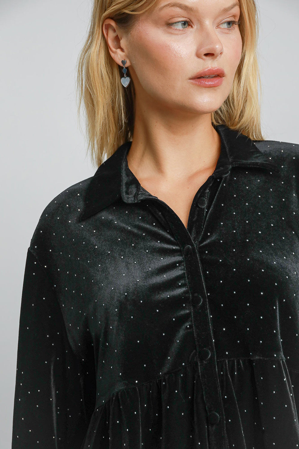 Umgee Full Size Polka Dot Button Up Half Sleeve Shirt *