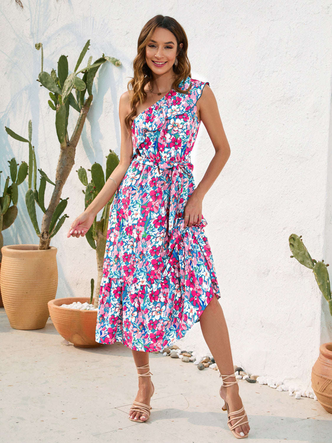 FULL SIZE Ruffled Printed One Shoulder Midi Dress