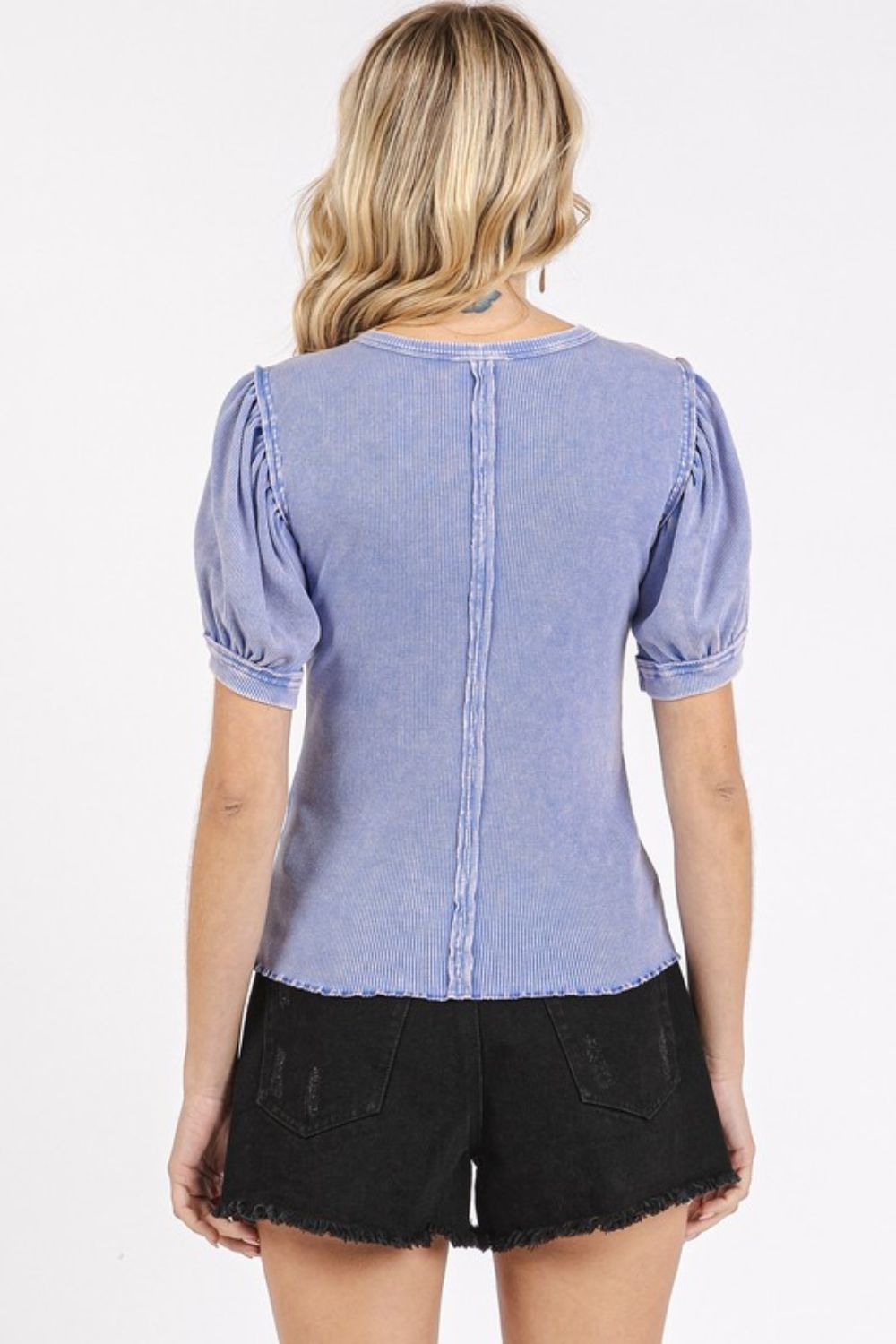 Mittoshop Mineral Wash Puff Sleeve Rib Knit T-Shirt *