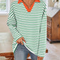 Lovelet Striped Johnny Collar Long Sleeve T-Shirt