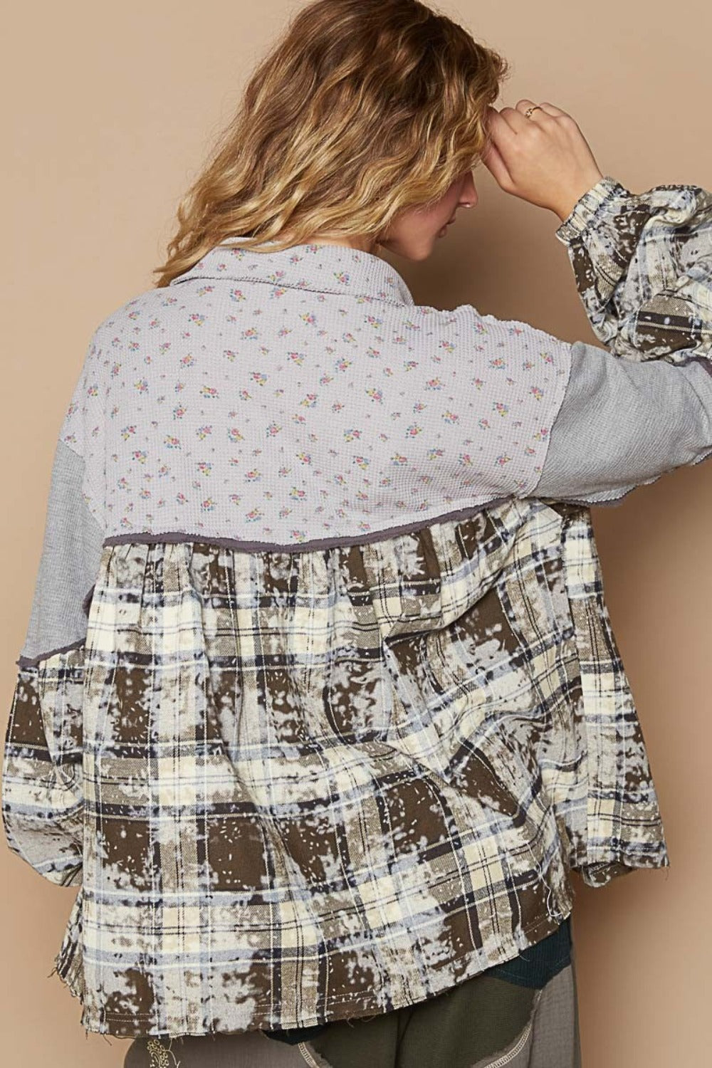 POL Balloon Sleeve Floral Color Block Plaid Shirt *