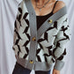 Contrast Trim Geometric V-Neck Long Sleeve Cardigan