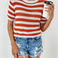 Openwork Striped Round Neck Short Sleeve Knit Top