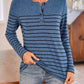 Quarter Button Striped Round Neck Long Sleeve T-Shirt