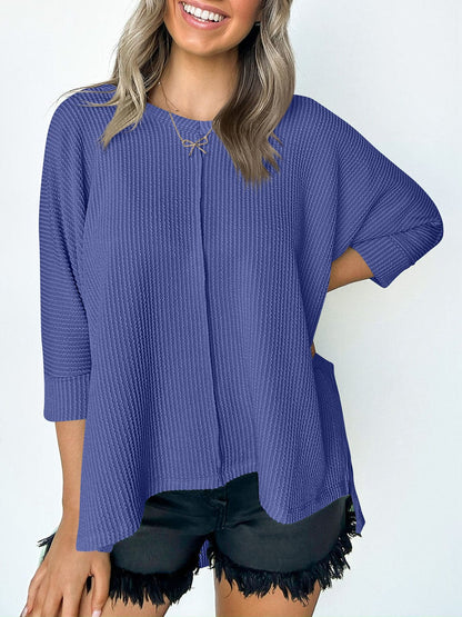 Full Size Textured Round Neck Three-Quarter Sleeve Blouse