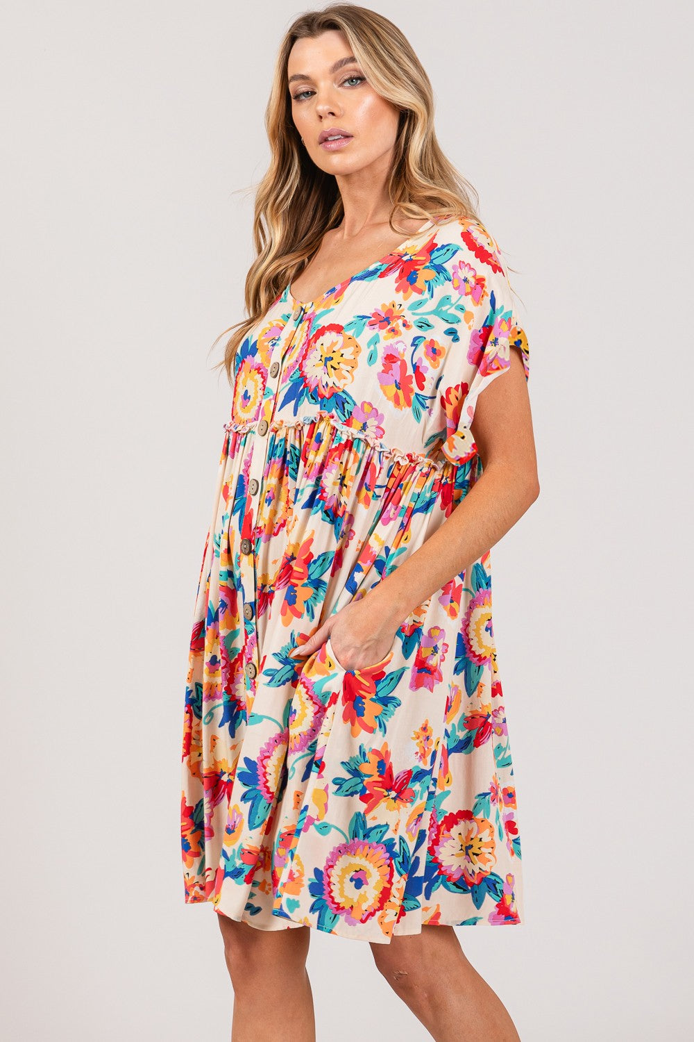 SAGE + FIG Full Size Floral Button-Down Short Sleeve Dress *