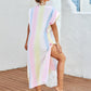 Slit Striped Notched Short Sleeve Cover Up