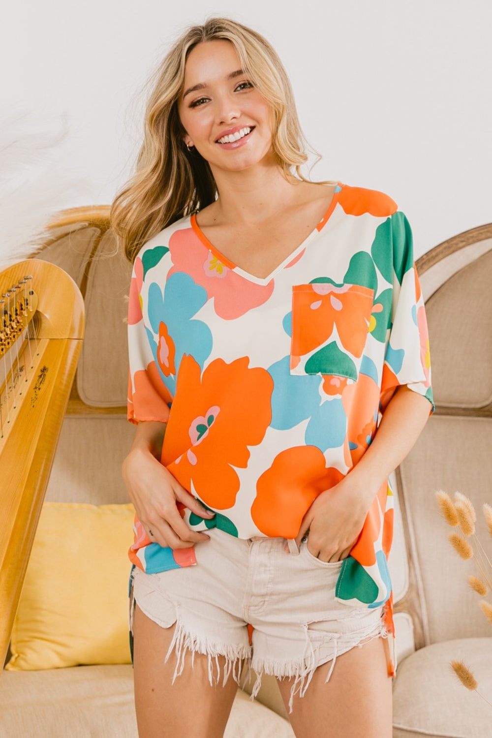 BiBi Floral V Neck Slit Side T-Shirt - Brand BiBi *