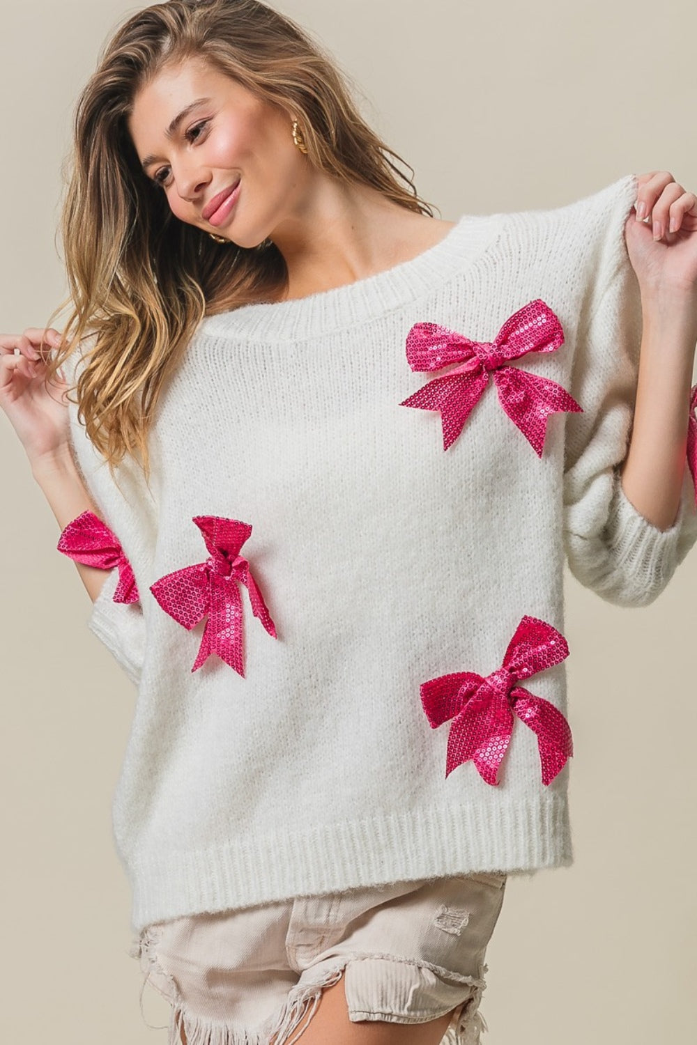 BiBi Sequin Bow Puff Sleeve Sweater - Brand BiBi