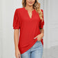 Eyelet Short Puff Sleeve Notched Neck Top
