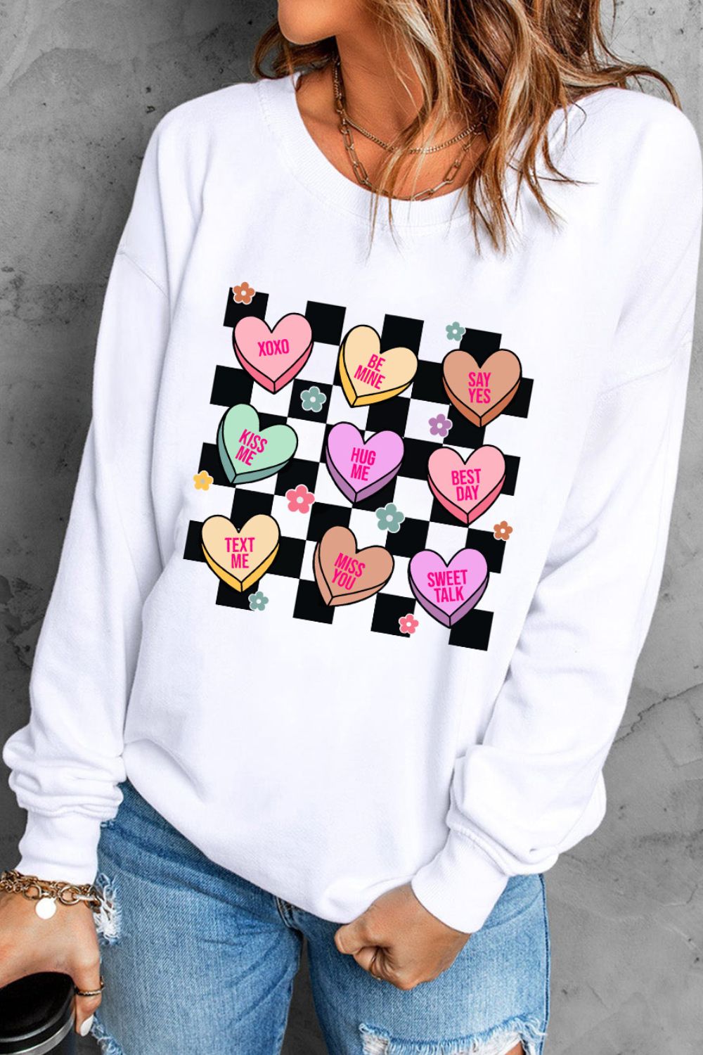 Valentine's Day White Checkered Heart Long Sleeve Sweatshirt