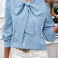 Pocketed Plaid Tie Neck Long Sleeve Shirt