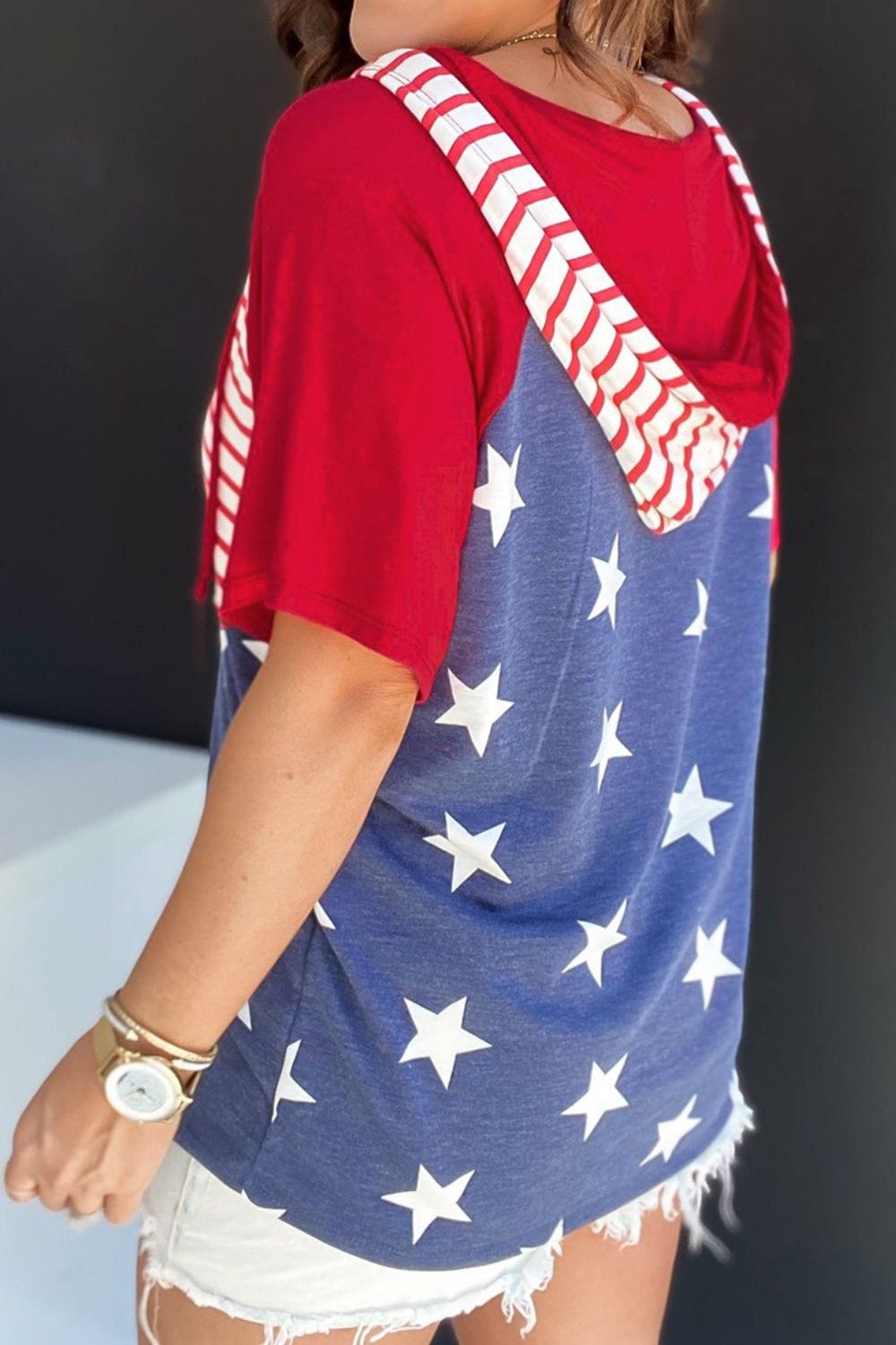 Drawstring Star & Stripes Half Sleeve Hooded Top