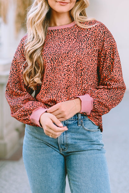 Full Size Leopard Round Neck Long Sleeve Sweatshirt