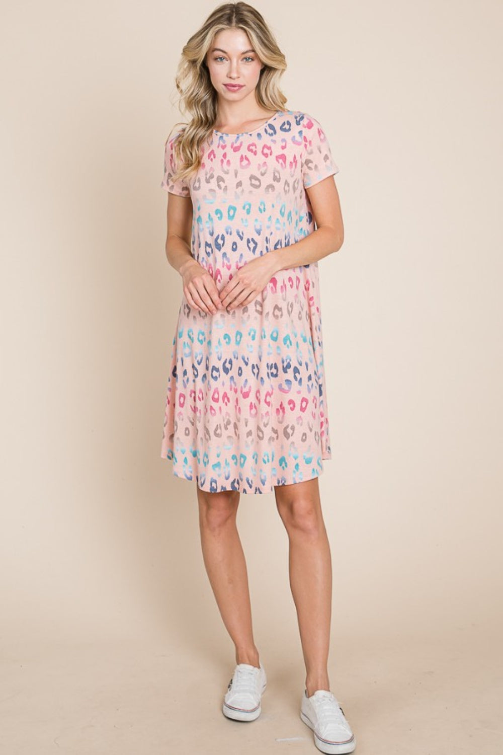 BOMBOM Leopard Round Neck Short Sleeve Dress *