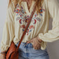 Embroidered Notched Long Sleeve Blouse
