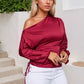 Drawstring One Shoulder Long Sleeve Blouse