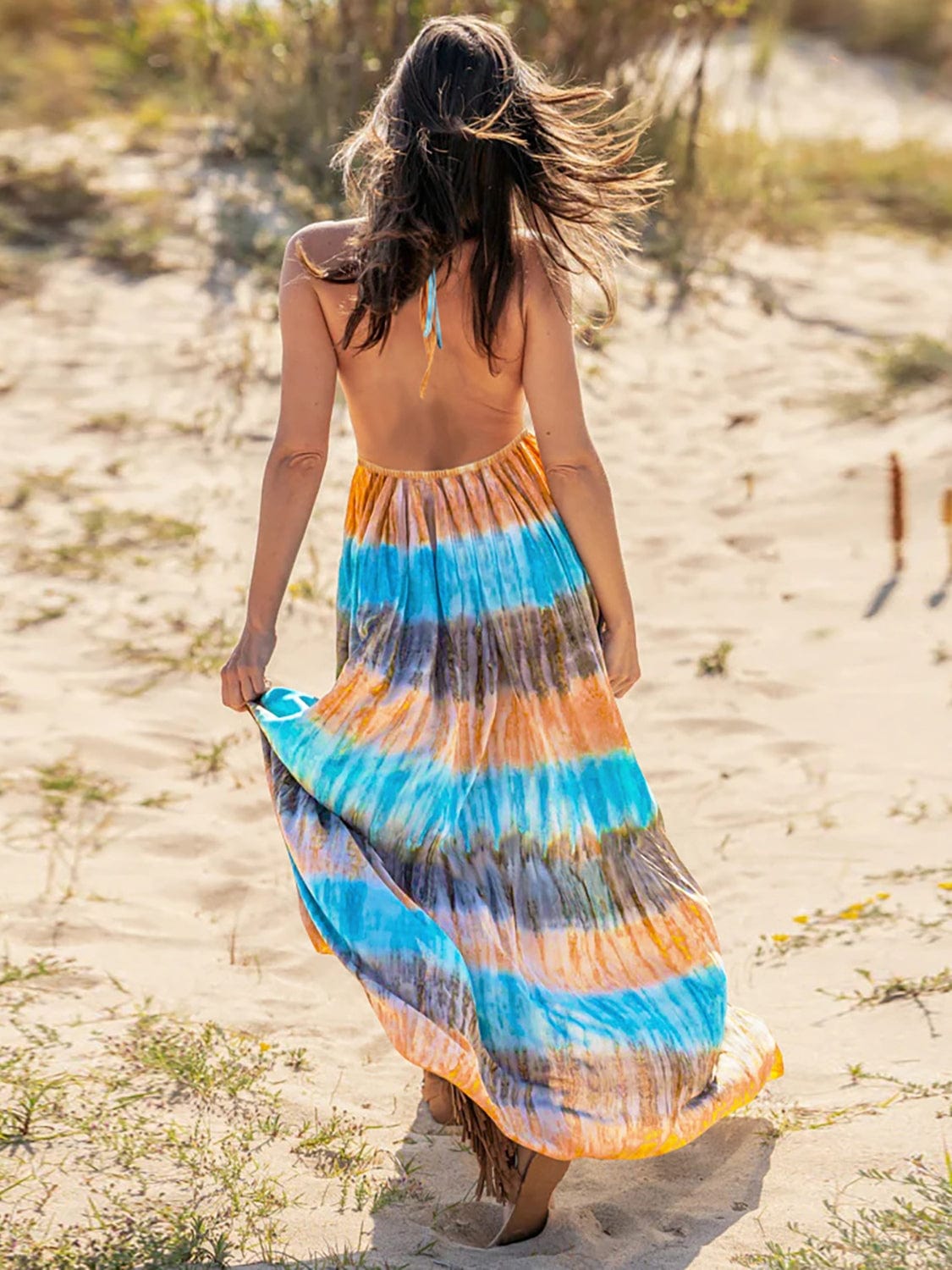 Full Size Tie-Dye Halter Neck Sleeveless Dress