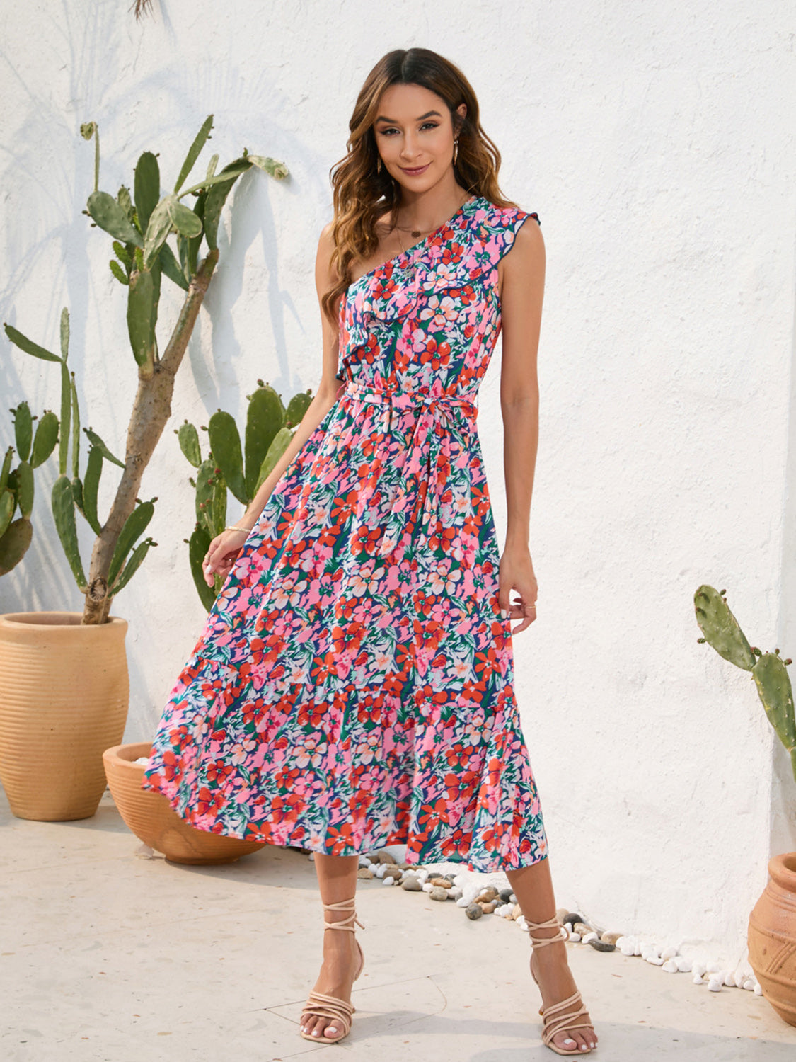 FULL SIZE Ruffled Printed One Shoulder Midi Dress