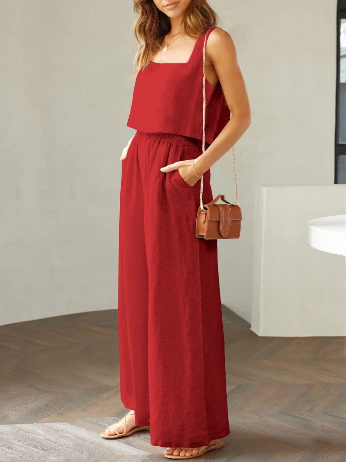 Full Size Square Neck Top and Wide Leg Pants Set