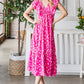 Reborn J Printed Fuchsia V-Neck Ruffle Trim Tiered Midi Dress