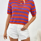 Openwork Striped Round Neck Short Sleeve Knit Top