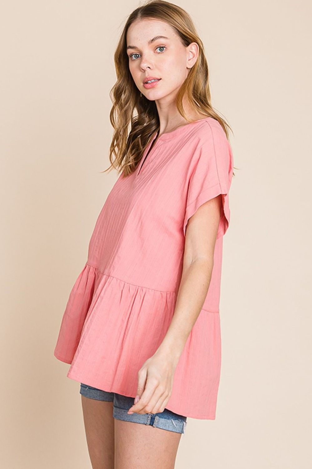 Cotton Bleu by Nu Label Notched Short Sleeve Peplum Top *