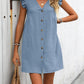 Full Size Button Up V-Neck Cap Sleeve Mini Dress