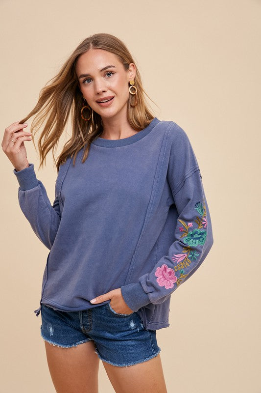 Annie Wear Embroidered Long Sleeve French Terry Top