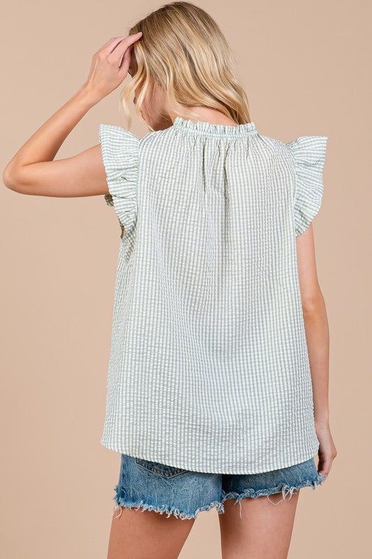Ces Femme Plaid Notched Ruffled Cap Sleeve Blouse *