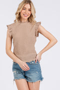 Ces Femme Texture Mock Neck Ruffle Cap Sleeve Blouse *