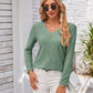 Full Size Decorative Button Openwork V-Neck T-Shirt