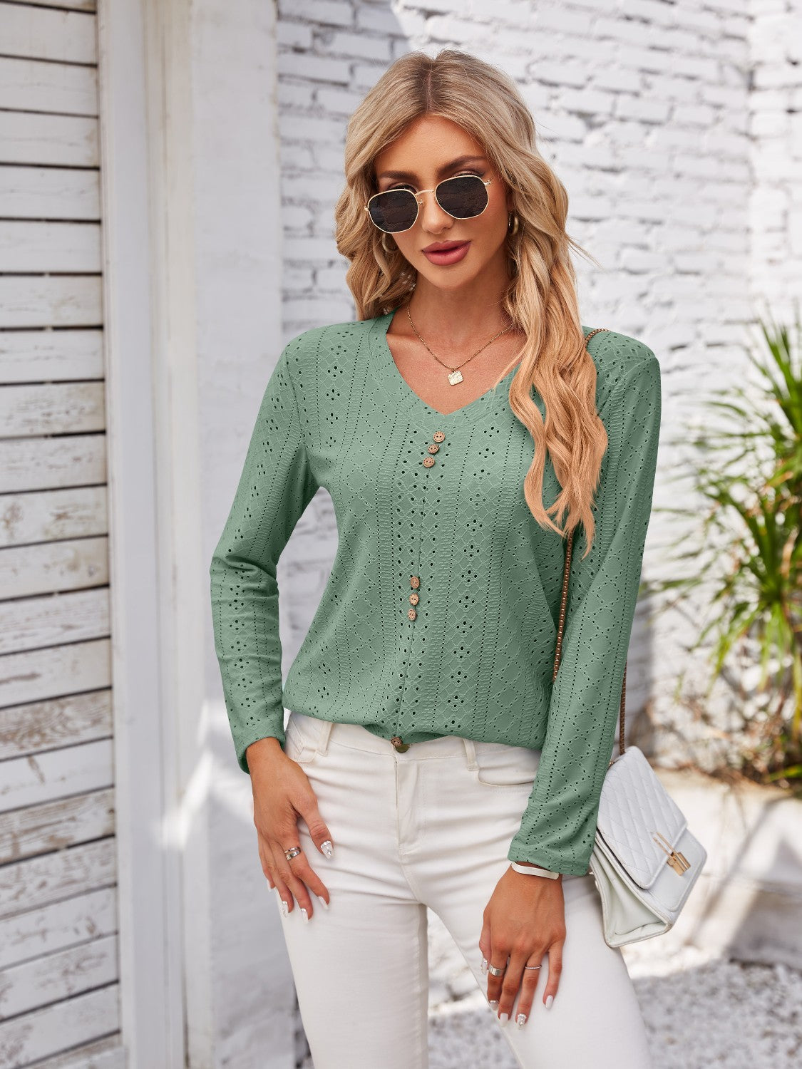 Full Size Decorative Button Openwork V-Neck T-Shirt