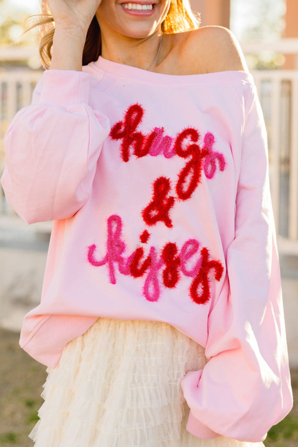 Valentine’s Day Blush Pink HUG AND KISSES Round Neck Sweatshirt