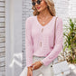Full Size Decorative Button Openwork V-Neck T-Shirt