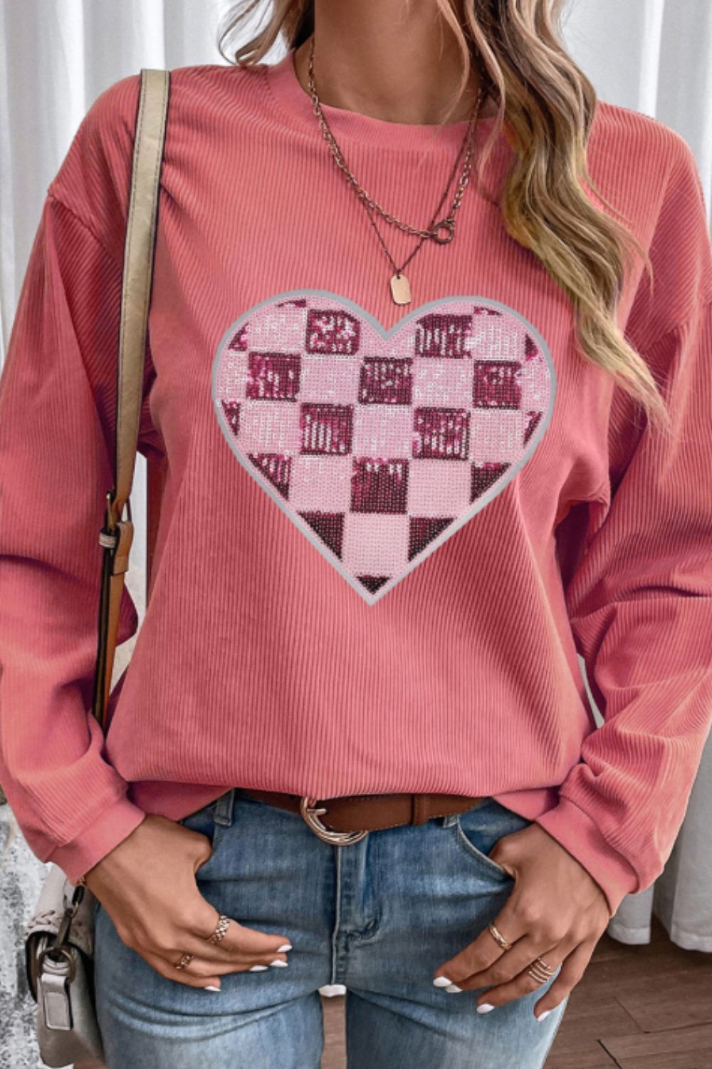 Valentine’s Day Strawberry Red Sequin Checkered Heart Long Sleeve Sweatshirt