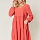 Double Take Full Size V-Neck Balloon Sleeve Tiered Dress
