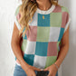 Mandy Checkered Round Neck Cap Sleeve Knit Top