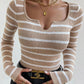 Striped Notched Long Sleeve Sweater