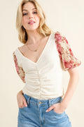 And The Why Full Size Floral Print Textured Sleeve Knit Top *