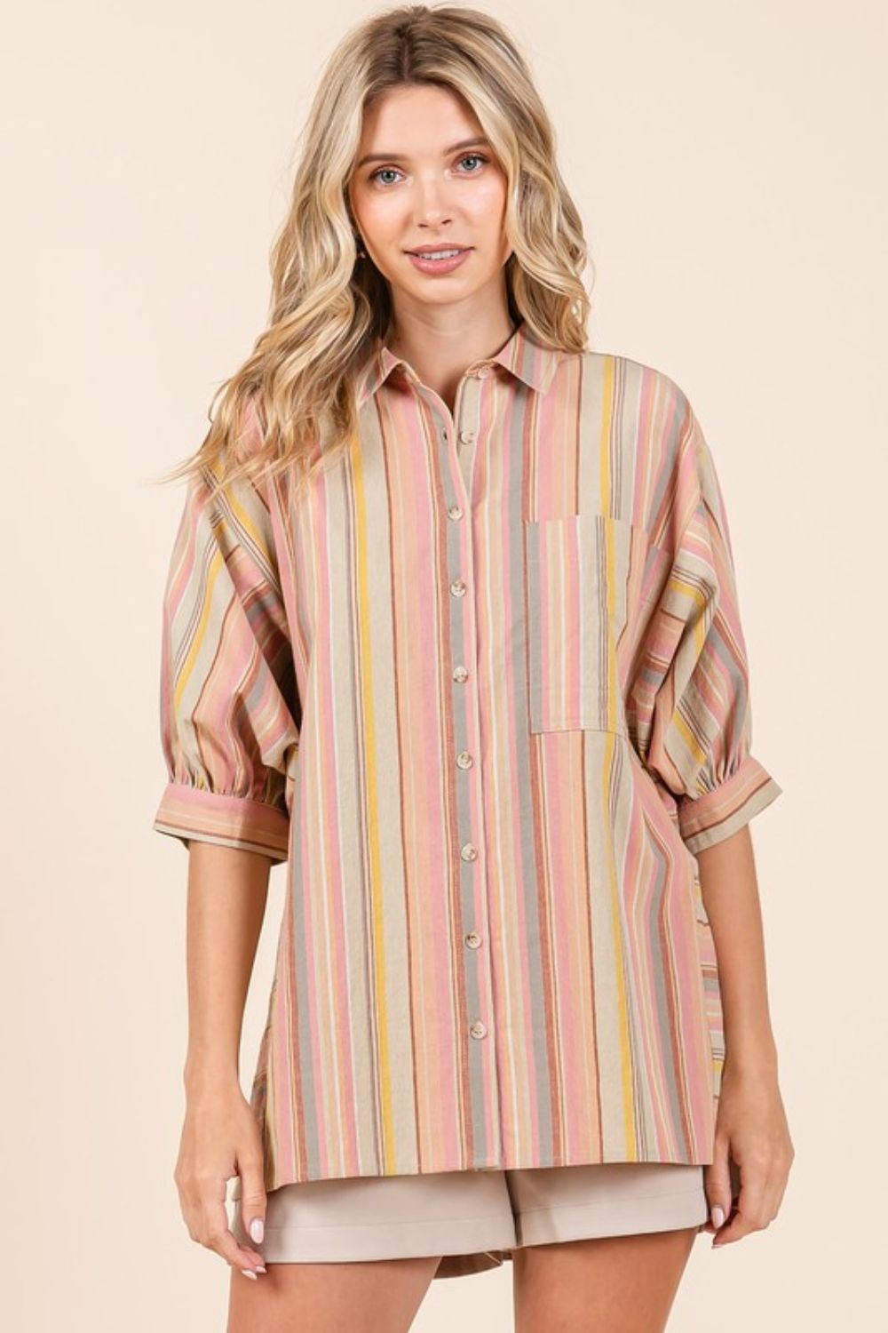 Mittoshop Striped Bubble Sleeve Button Down Shirt *