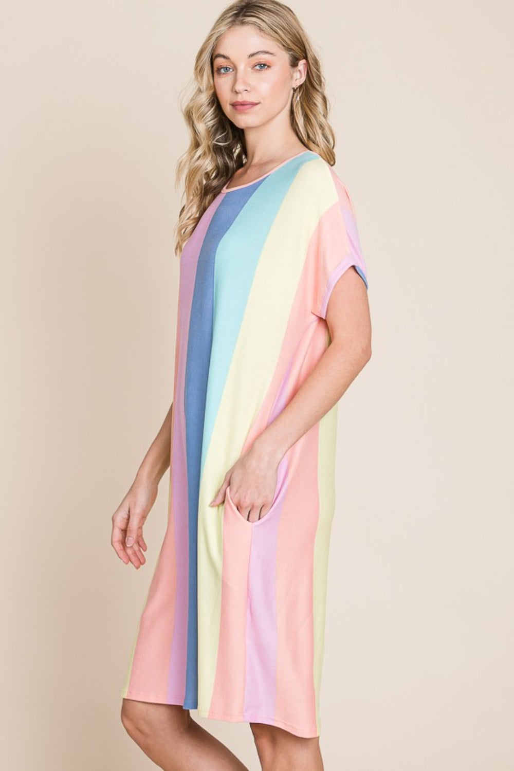 BOMBOM Striped Short Sleeve Dress with Pockets *