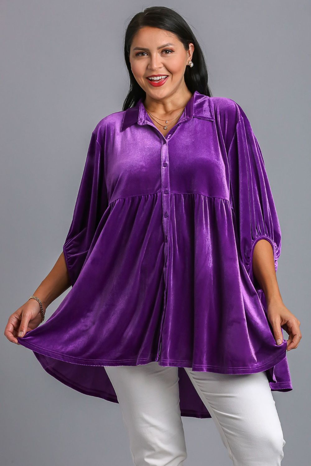 Umgee Full Size Button Down Tiered Back High Low Shirt *