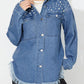Raw Hem Pearl Trim Collared Neck Denim Top
