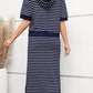 Drawstring Striped Short Sleeve Hooded Top and Skirt Set