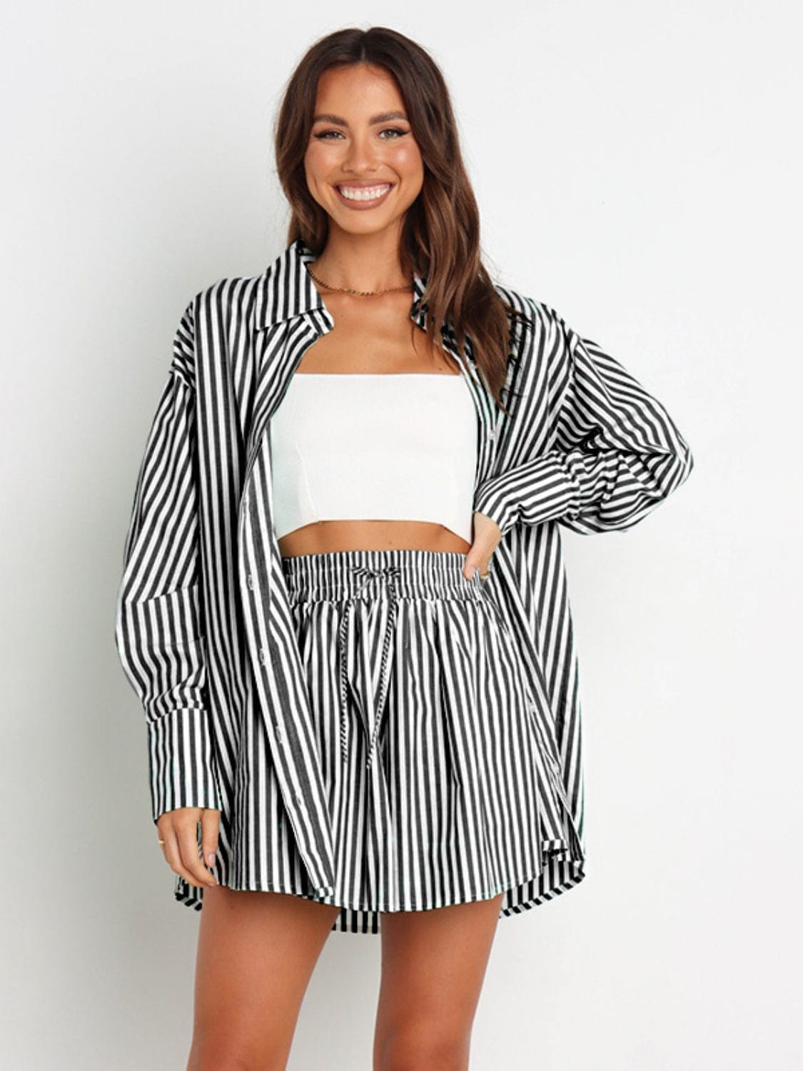 Full Size Striped Dropped Shoulder Shirt and Shorts Set