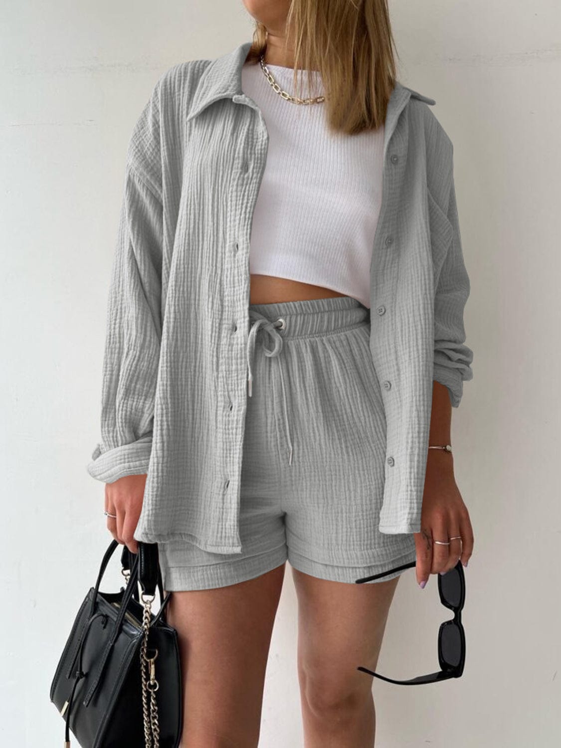 Full Size Texture Button Up Shirt and Drawstring Shorts Set